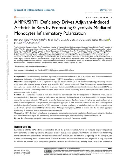 Pdf Ampksirt1 Deficiency Drives Adjuvant Induced Arthritis In Rats