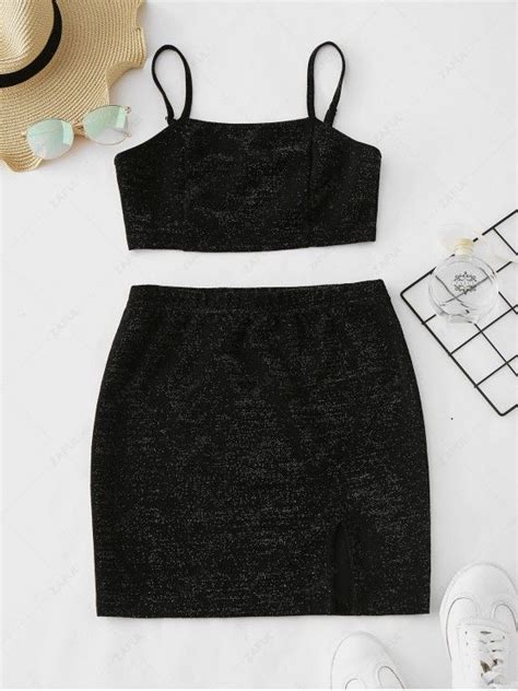 25 Off 2021 Zaful Glittery Crop Top And Skirt Matching Set In Black