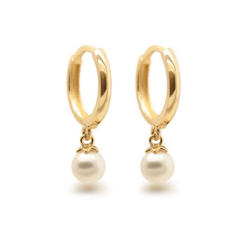 Pearl Huggie Drop Earrings 14k Gold Hoops Dangle Huggie Earrings