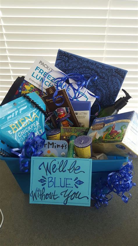 What's a good gift for someone moving away. "We'll be blue without you" basket for natural co-worker ...