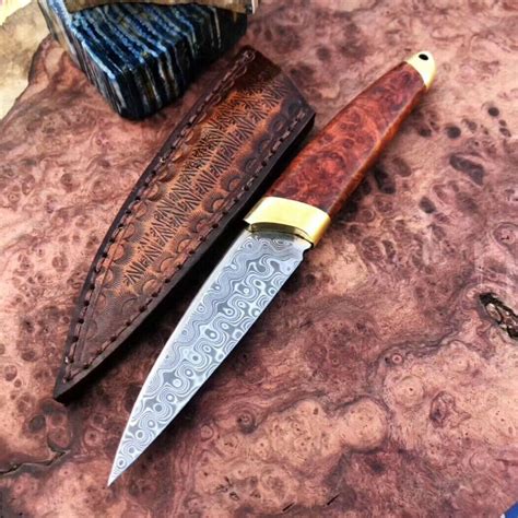 handmade damascus survival outdoor camping knife fixed blade w sheath burl wood