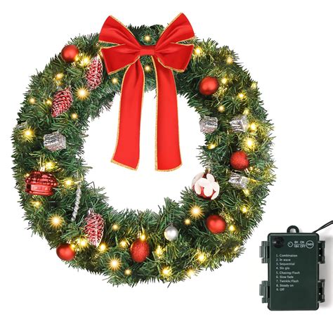 Vingli 24 Inch Pre Lit Artificial Christmas Wreath For Front Door