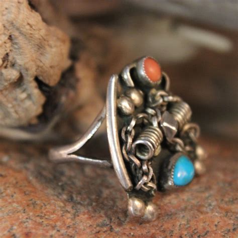 Vintage Navajo Sterling Silver Turquoise Coral Ring Native Etsy