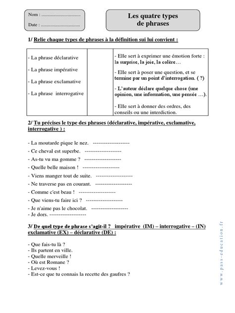 Types De Phrases Cm1 Exercices Corrigés Grammaire Cycle 3