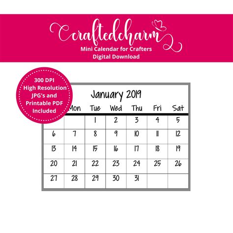 2019 Mini Calendar Digital Download Printable Mini Calendar Etsy