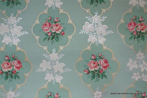 Oneil in mint green wallpapers. 1940's Pink Rose vintage wallpaper on mint green ...