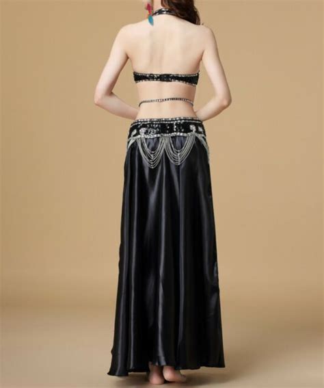 Arabic Belly Dance Costumes Beaded Bra Top Hip Belt 2 Sides Slit Skirt