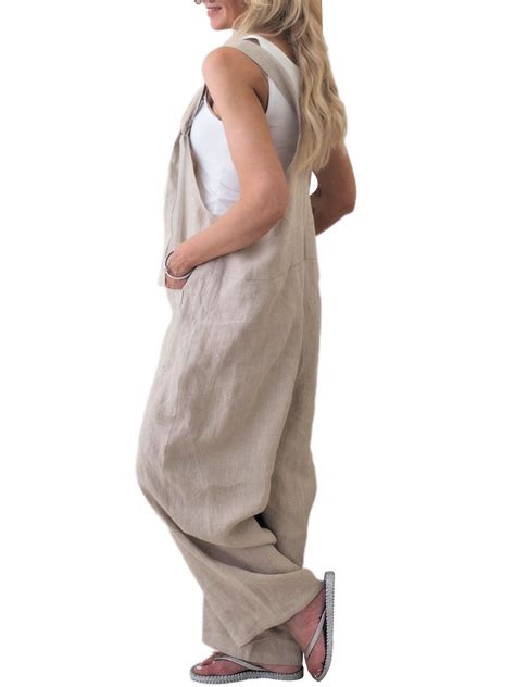 Linen Jumpsuits For Women Casual Loose Straps Overalls Baggy Wide Leg
