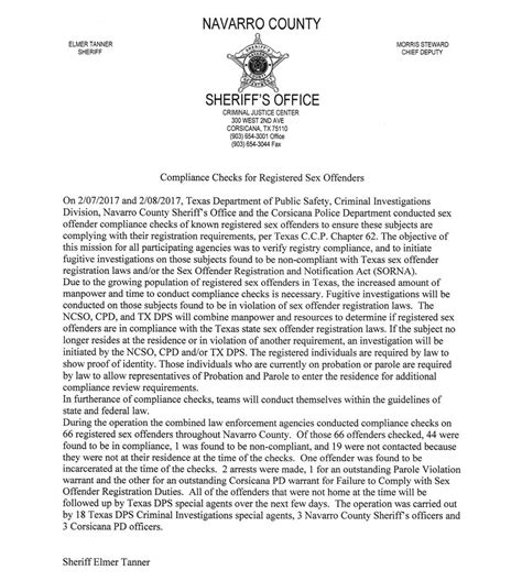 Compliance Checks For Registered Sex Offenders 02 09 2017 Press Releases Navarro County