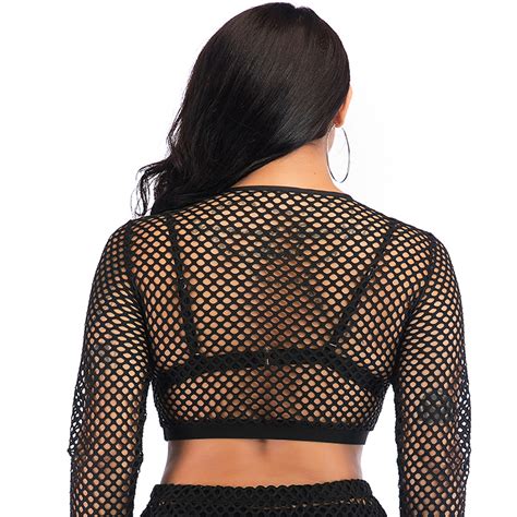 Sexy Sheer Black Mesh Long Sleeves Round Neckline Crop Top Nightclothes