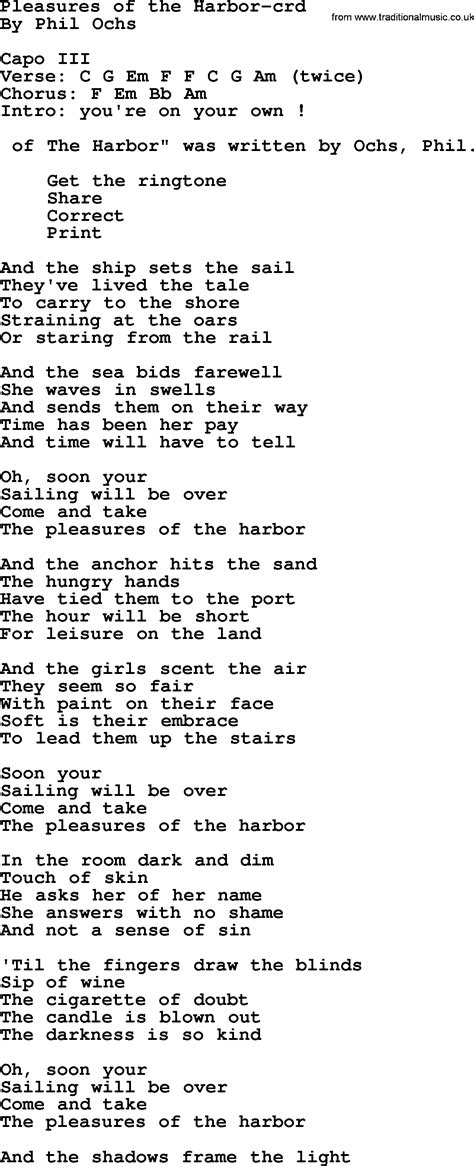Phil Ochs Song Pleasures Of The Harbor Lyrics And Chords Lyrics