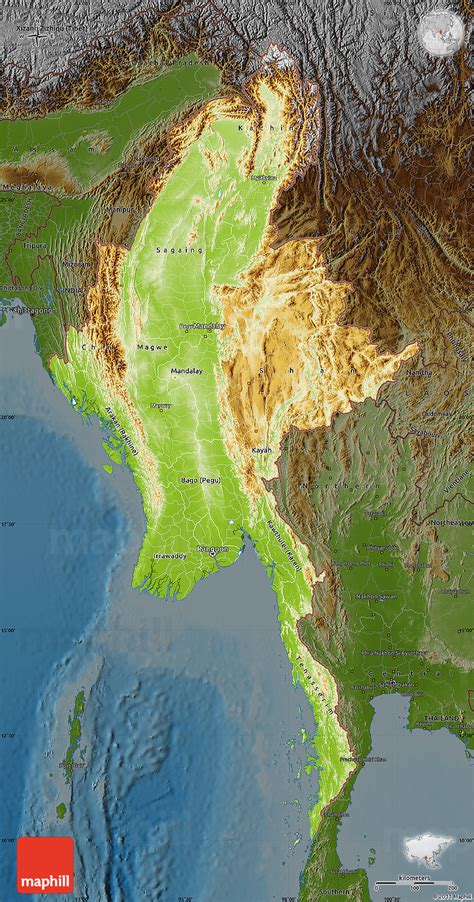 Myanmar map from contour classic blue color vector. Physical Map of Burma, darken