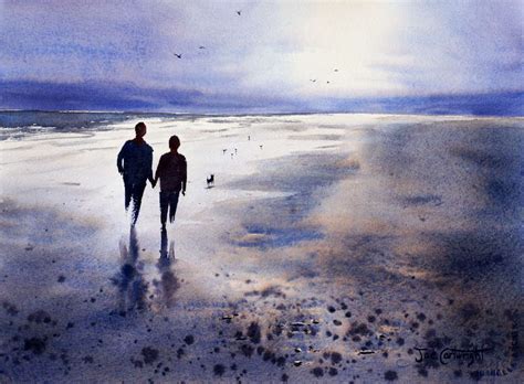 Painting Walking Figures On A Wet Sand With Watercolor
