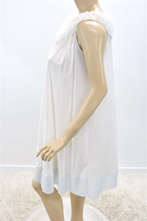 Vintage Soft Nylon Nightgown Nightie White Blue Trim Gem