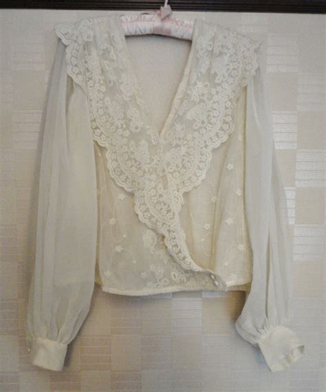 Vintage Ladies Lace And Chiffon Blouse Wide Collar Cross Over Etsy