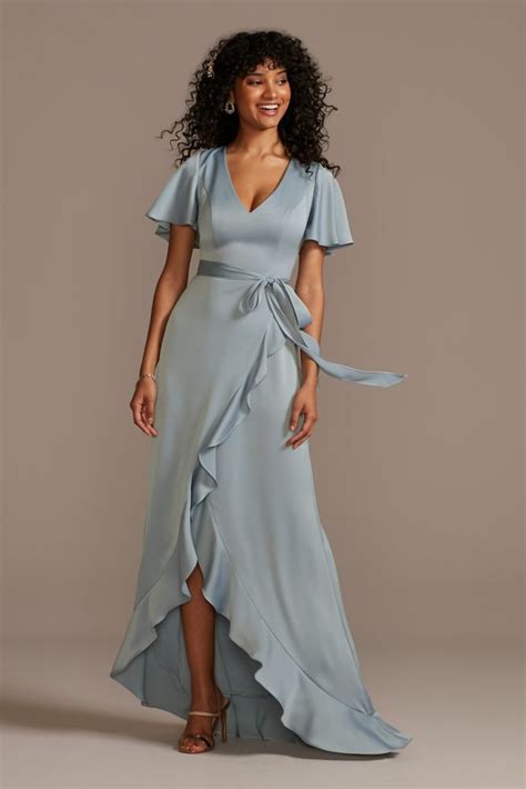 Flutter Sleeve Crepe Satin Ruffle Bridesmaid Dress Style F20209 Dusty