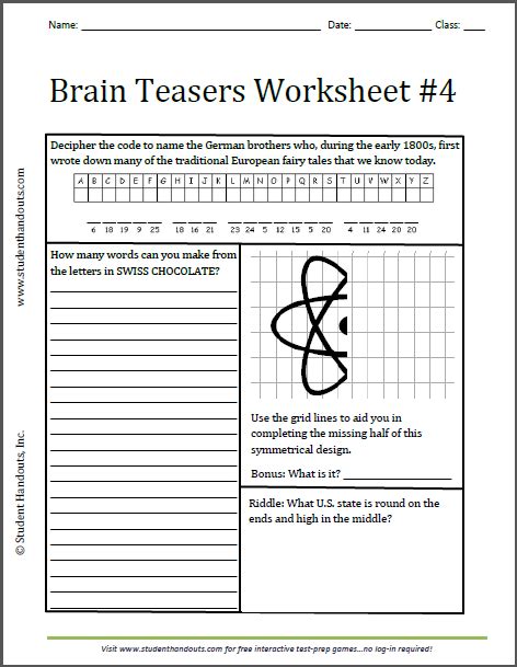 Brain Teasers Worksheet 4 Free To Print Grades 3 And Up K 12