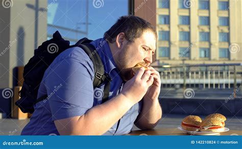 Overweight Male Chewing Burger Unhealthy Office Lunch Digestion
