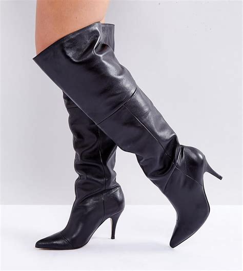 Asos Klara Wide Fit Leather Slouch Over The Knee Boots In Black Lyst