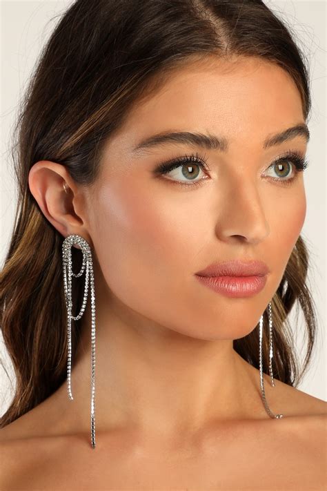 Silver Earrings Rhodium Rhinestone Earrings Fringe Earrings Lulus