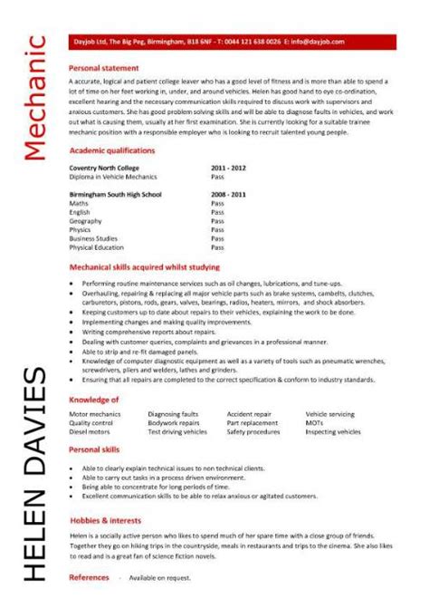 Looking for cv examples mechanic mechanical technician cv sample? Student entry level Mechanic resume template