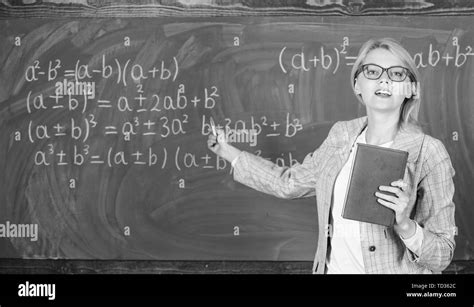 Teacher Smart Woman With Book Explain Topic Near Chalkboard School