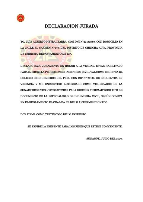 Modelo De Declaracion Jurada De Perdida De Documento Actualizado Mayo