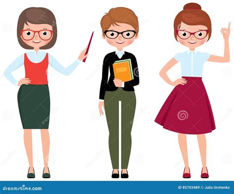 Teacher Cartoon Character Set Woman With Pointer Behind Chalkboard In School Vector