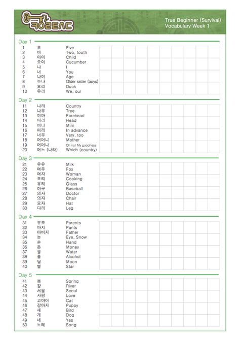 Full Beginner Class Vocabulary List Key To Korean