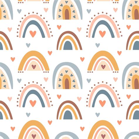 Hand Drawn Seamless Pattern Of Cute Boho Rainbows Pastel Color Isolated