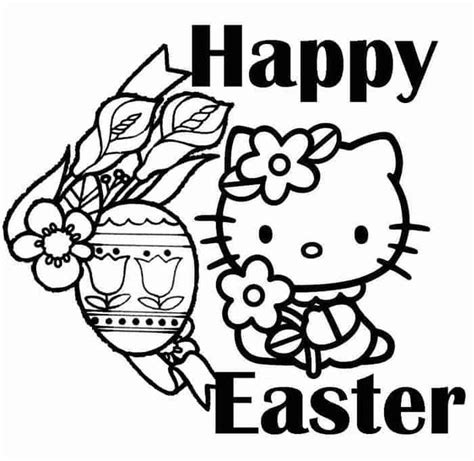A Hello Kitty Easter Coloring Page With An Egg And Flowers
