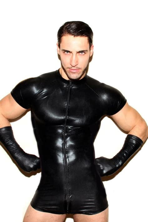 Hot Sexy Mens Pvc Leather Zip Up Bodysuit Playsuit Catsuit Jumpsuit