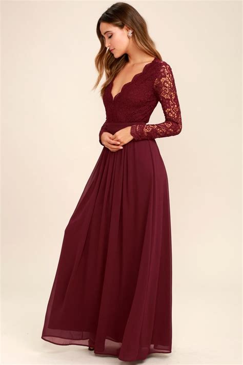 Long Sleeve Lace Maxi Dress Long Sleeve Bridesmaid Dress Long Sleeve Prom Burgundy Bridesmaid