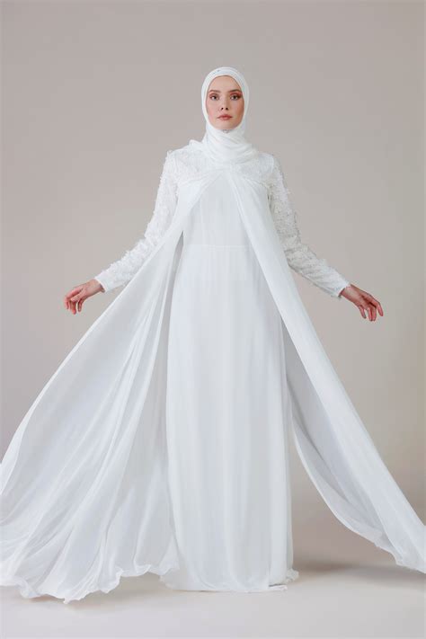 White Ecru Fully Lined Crew Neck Muslim Evening Dress In 2020