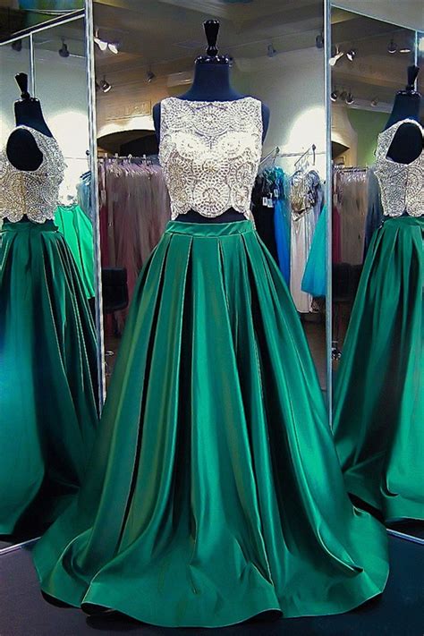 Fantastic A Line High Neck Two Piece Emerald Green Satin Beaded Prom Dress