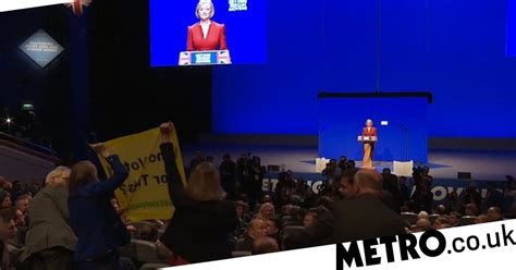 watch protesters interrupt liz truss keynote speech at tory party conference metro video