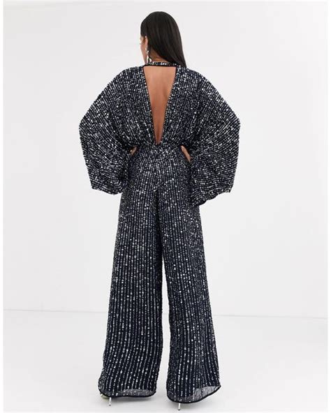 asos synthetic sequin kimono sleeve wide leg jumpsuit in navy blue save 37 lyst