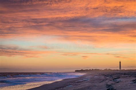 Cape May Nj Lighthouse And Atlantic Ocean At Sunset In Springtime Stock