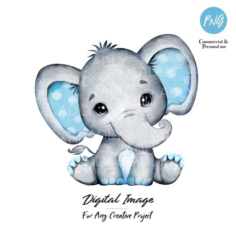 Watercolor Boy Elephant Clip Art Very Cute Little Peanut Blue Gray