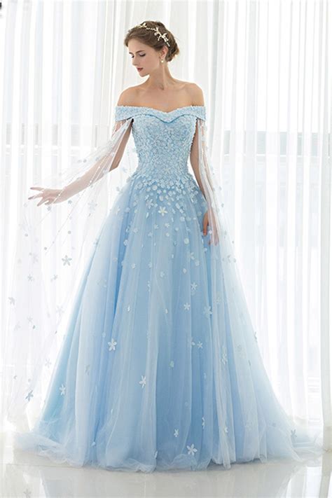 Ice Blue Tulle Off Shoulder Prom Dressball Gowns Wedding Dress Blue