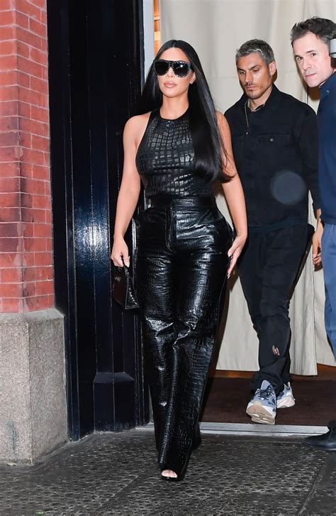 Kim Kardashians Black Croc Effect Leather Pants In Nyc Kim