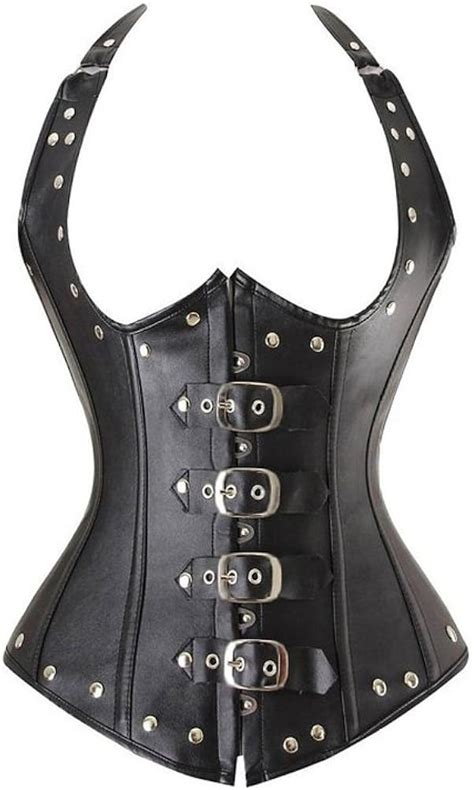 Black Leather Halter Neck Gothic Steampunk Waist Training Long Underbust Corset Amazonit Moda