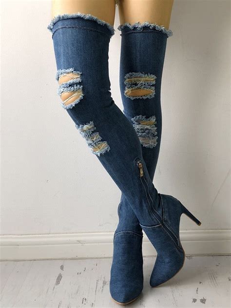 Denim Knee High Side Zipper Ripped Thin Heel Boots Knee Boots Outfit Denim Heels High Boots