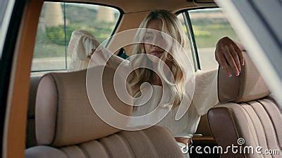 Girl Tourist Posing Auto Backseat In White Dress Close Up Woman