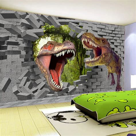Papel De Parede 3d Stereo Cartoon Dinosaur Broken Wall Mural Wallpaper