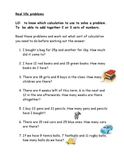 Real Life Problems Addition And Subtraction Word Problems Worksheet
