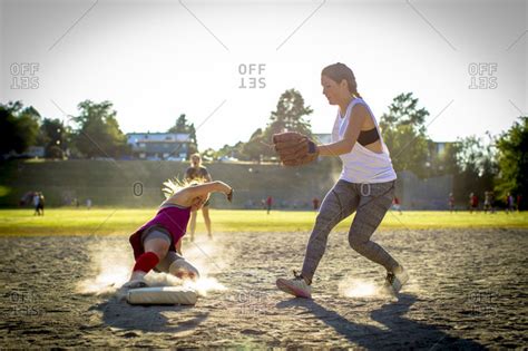 Softball Player Sliding Into Base In Vancouver Canada Stock Photo Offset