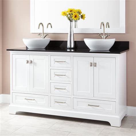 White carrara marble round sink. 60" Quen Double Vessel Sink Vanity - White - Bathroom