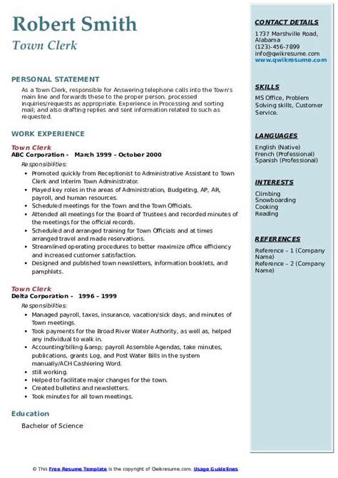Planning to apply for a town planner position? Town Clerk Resume Samples | QwikResume