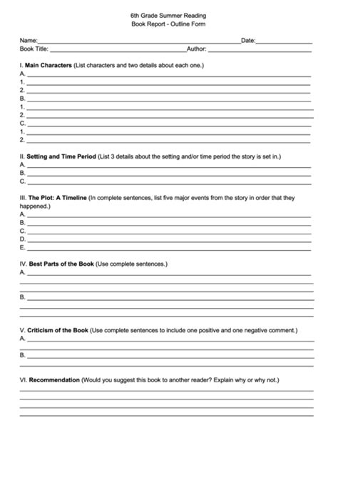 6th Grade Summer Reading Book Report Outline Form